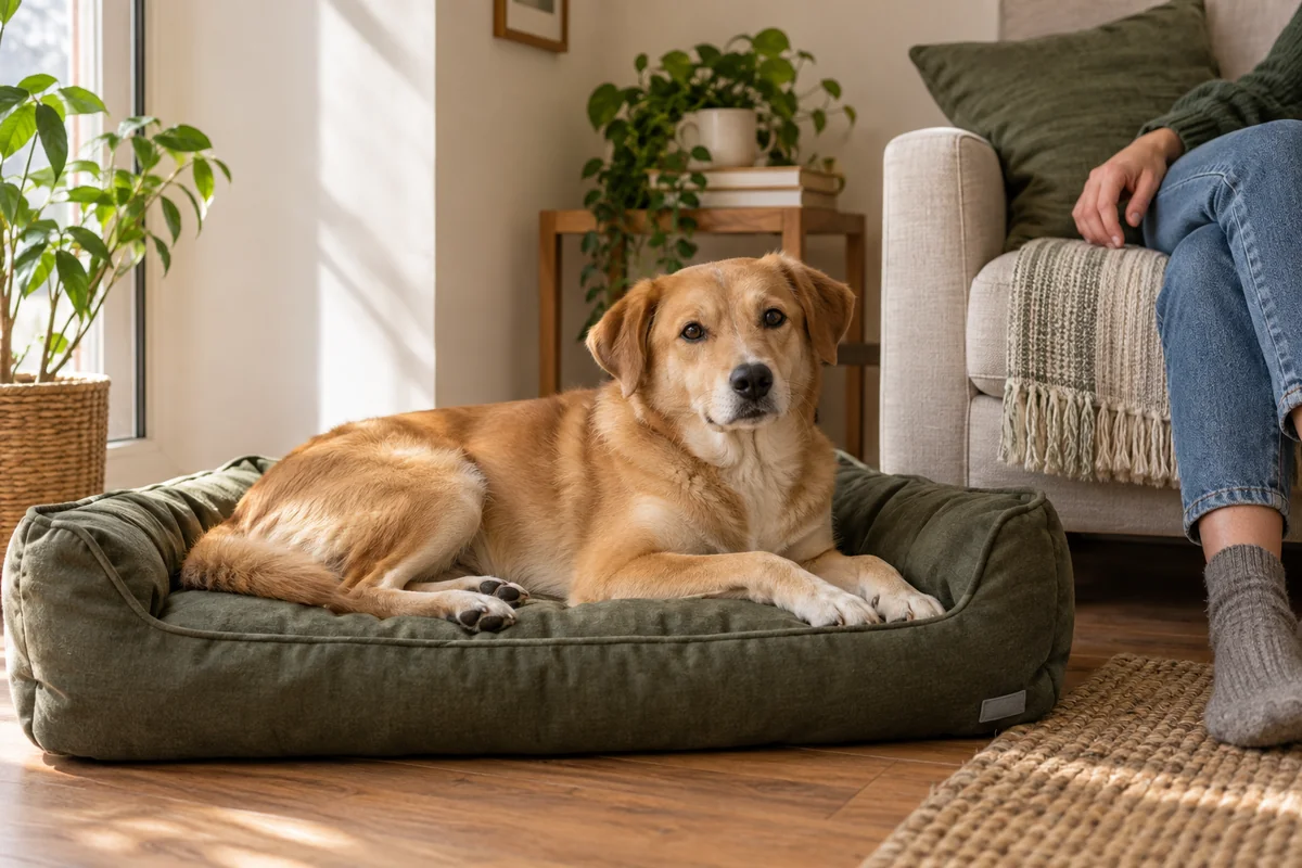 Escena ilustrativa de alojamiento canino en Madrid: perro descansando en una cama en casa
