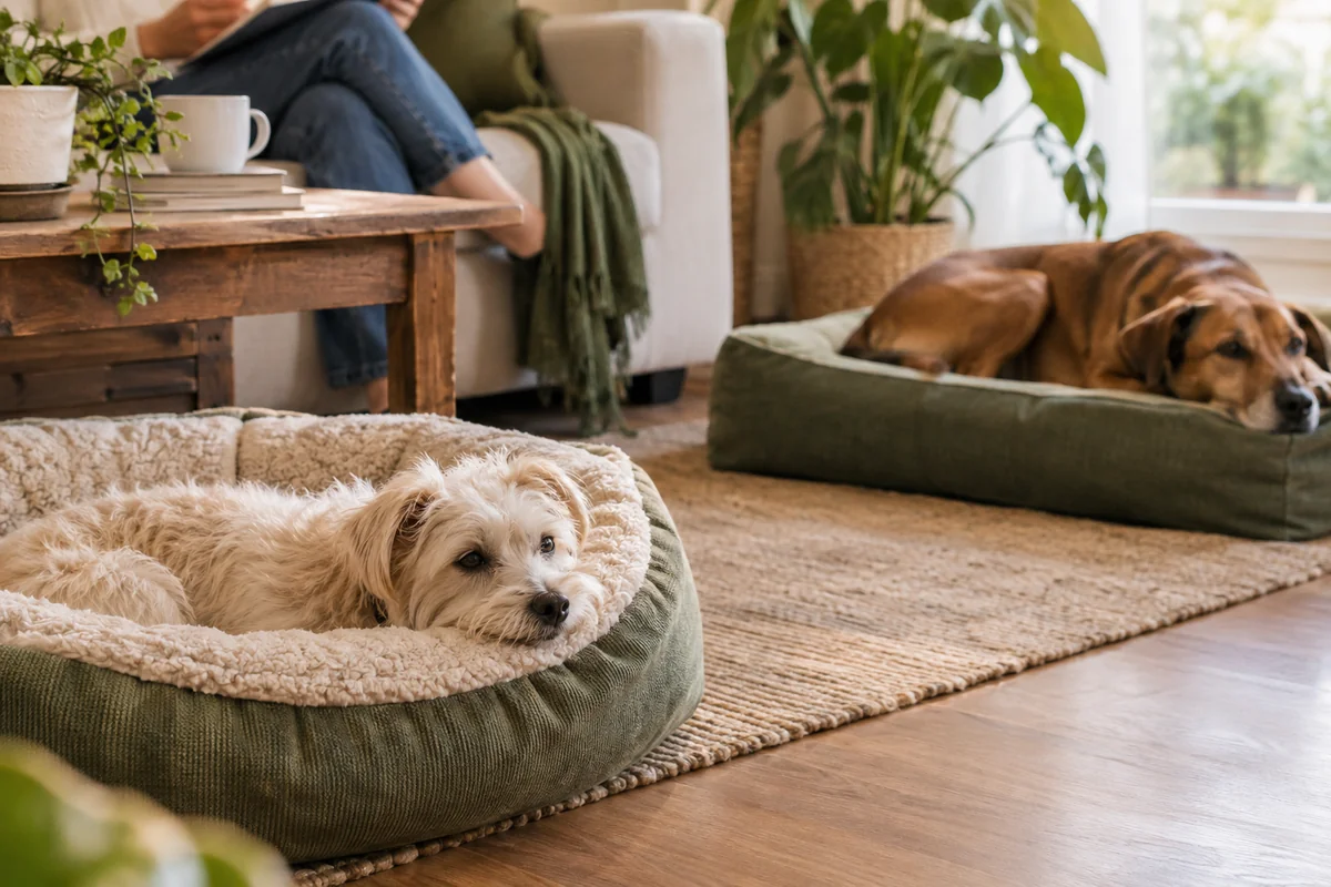 Dos perros descansan en camas separadas en un entorno doméstico ilustrativo
