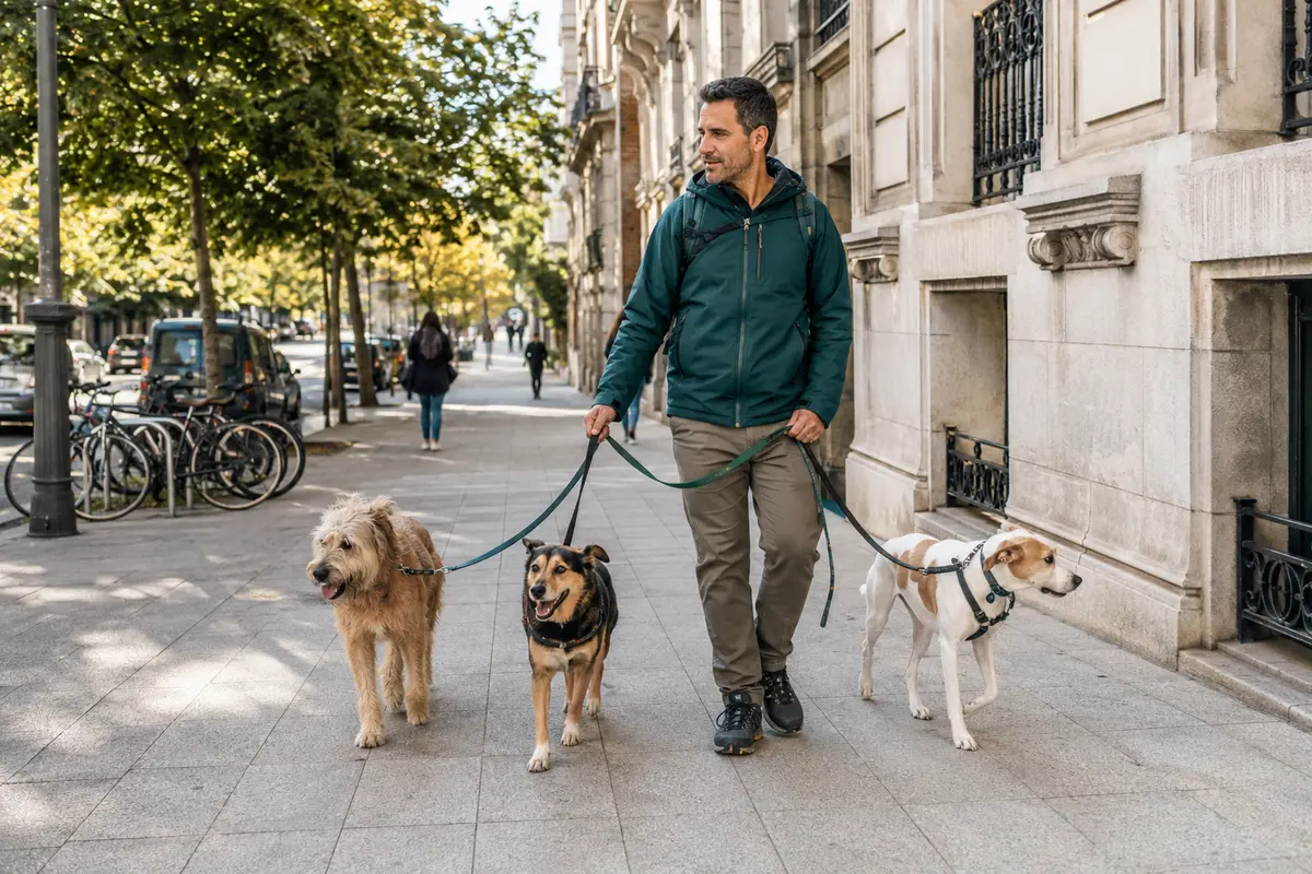 Paseador de perros realizando un paseo urbano en Madrid