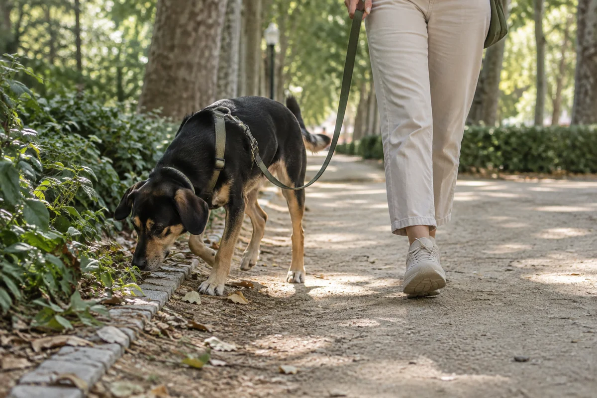 Perro con arnés olfateando durante un paseo con la correa relajada