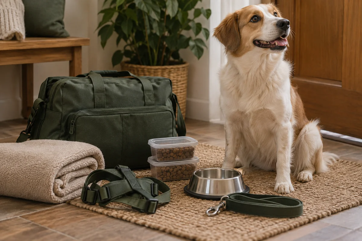 Comida, manta, cuenco y arnés preparados para la estancia de un perro